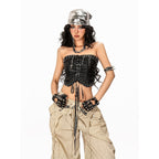 Arielink Rivet Spliced Strapless Backless Lace Up Women's Faux Leather Tank Tops 921381238907