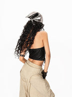 Arielink Rivet Spliced Strapless Backless Lace Up Women's Faux Leather Tank Tops