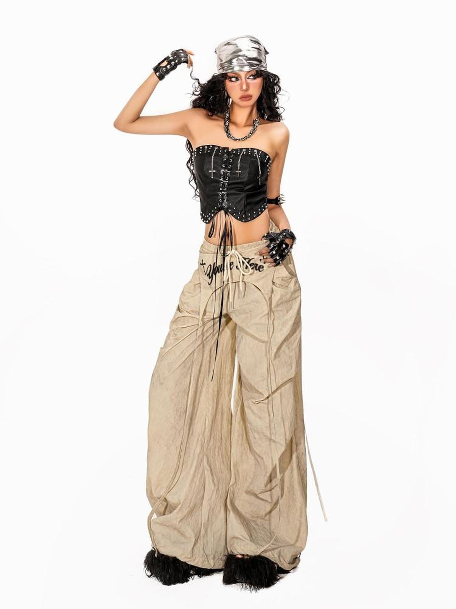 Arielink Rivet Spliced Strapless Backless Lace Up Women's Faux Leather Tank Tops