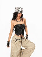Arielink Rivet Spliced Strapless Backless Lace Up Women's Faux Leather Tank Tops