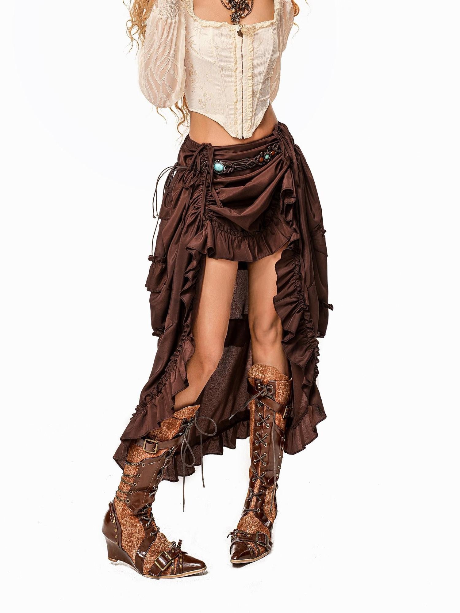 Arielink Ruffled Tiered Irregular Laced High Waist Gothic Punk Women's Maxi Skirts