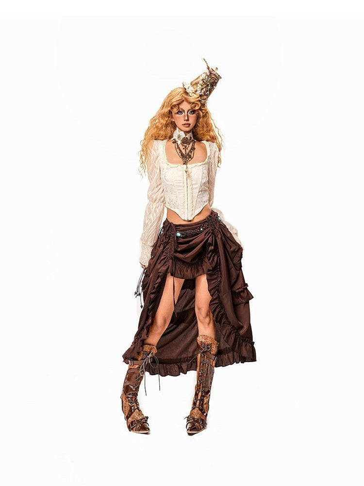 Arielink Ruffled Tiered Irregular Laced High Waist Gothic Punk Women's Maxi Skirts