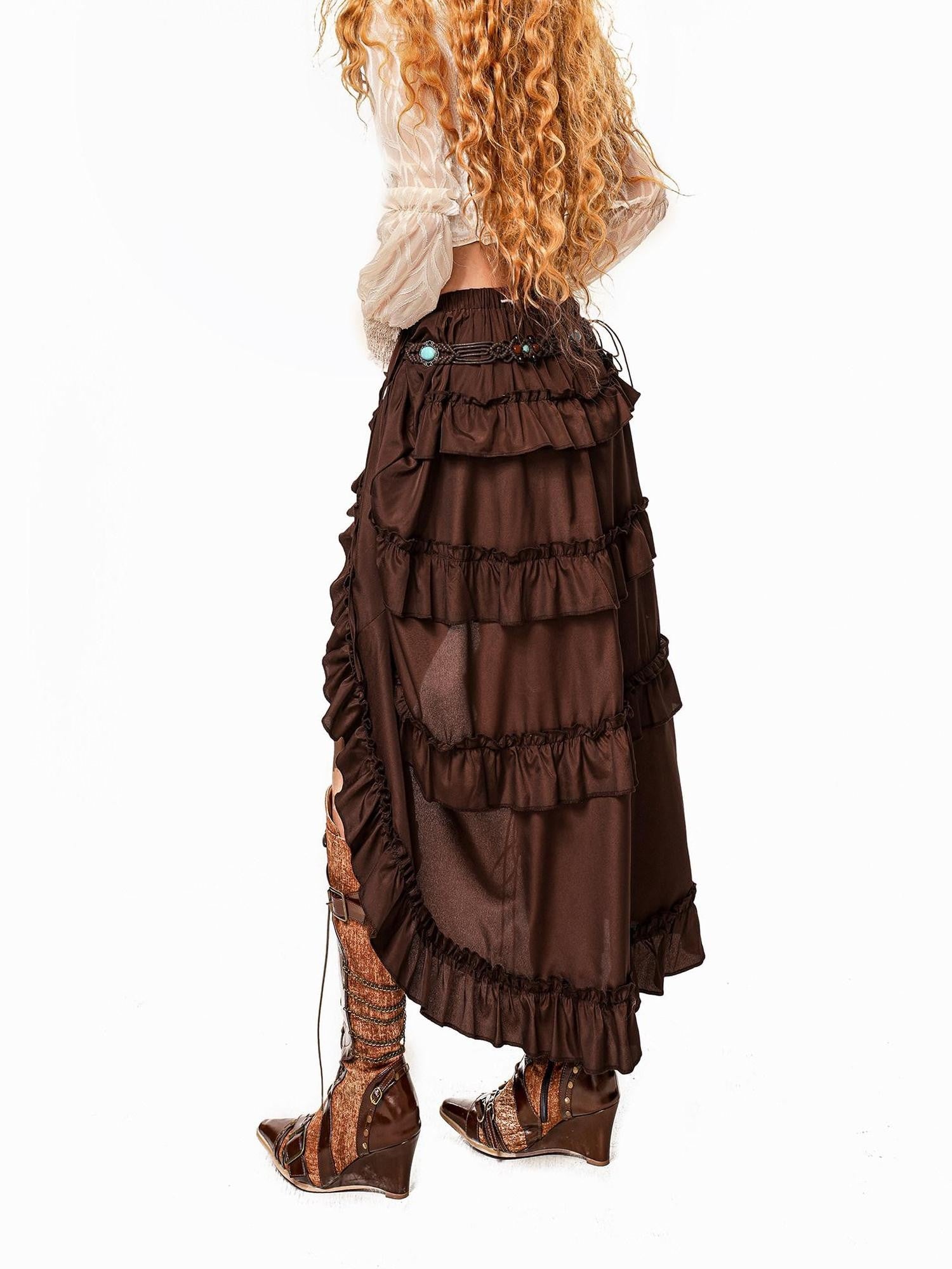 Arielink Ruffled Tiered Irregular Laced High Waist Gothic Punk Women's Maxi Skirts
