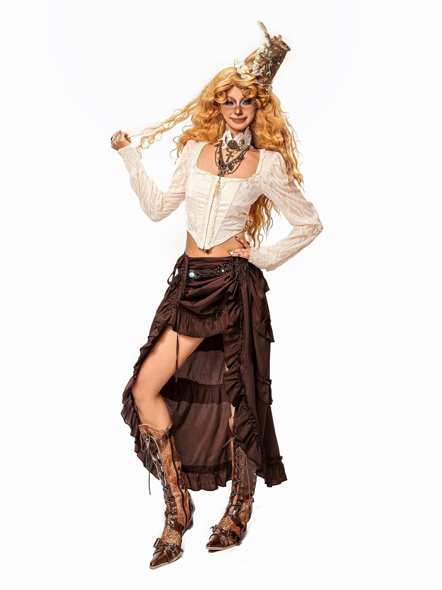 Arielink Ruffled Tiered Irregular Laced High Waist Gothic Punk Women's Maxi Skirts