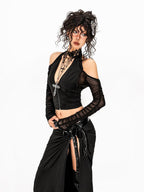 Arielink Sheer Cutout Halter Asymmetrical V-neck Women's Mesh Cardigans