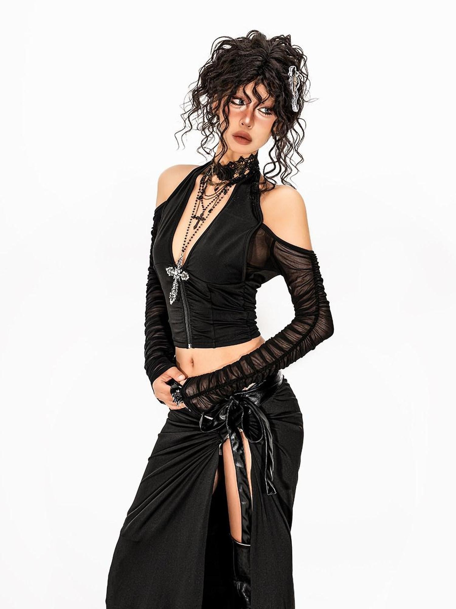 Arielink Sheer Cutout Halter Asymmetrical V-neck Women's Mesh Cardigans