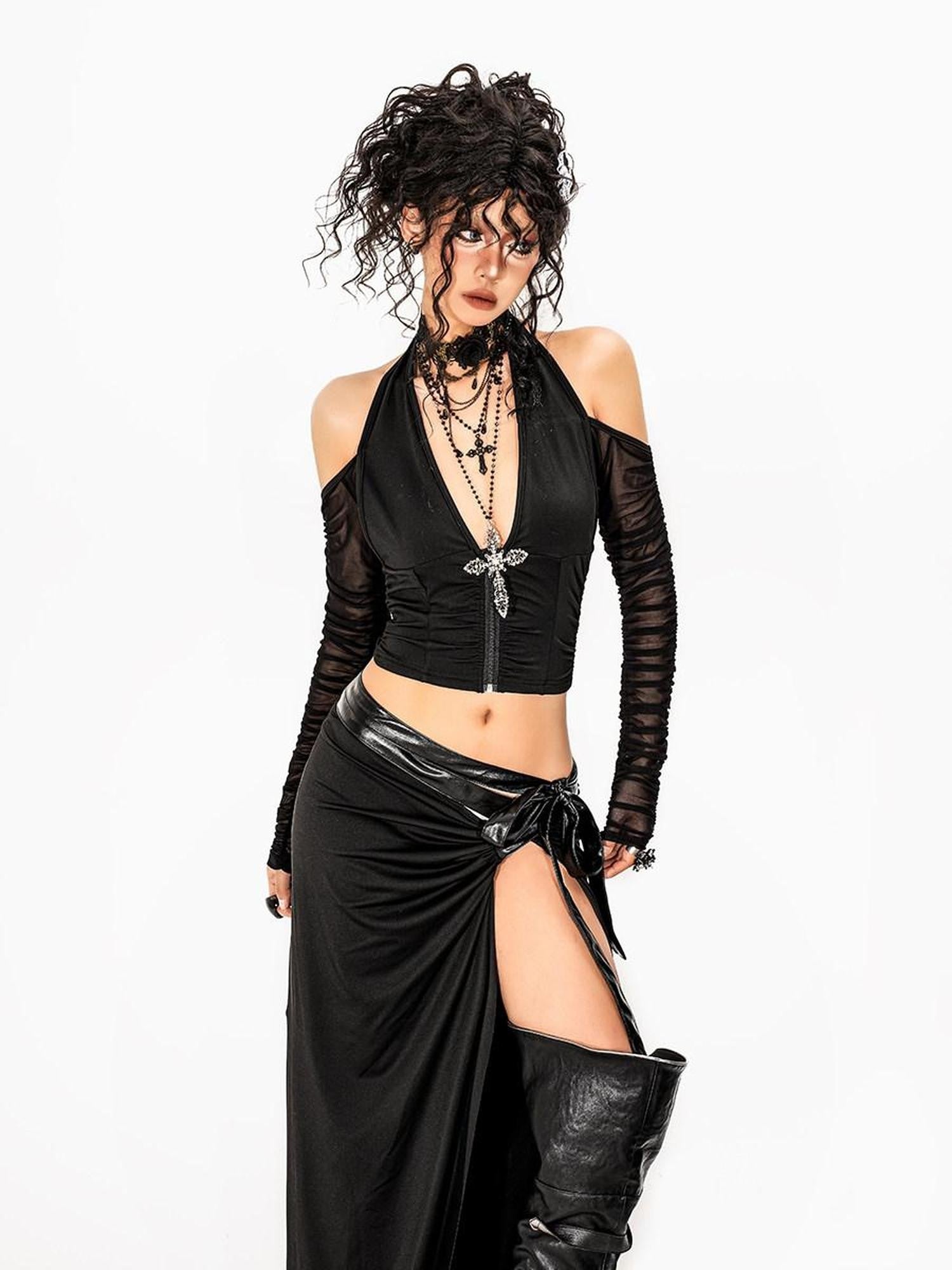 Arielink Sheer Cutout Halter Asymmetrical V-neck Women's Mesh Cardigans