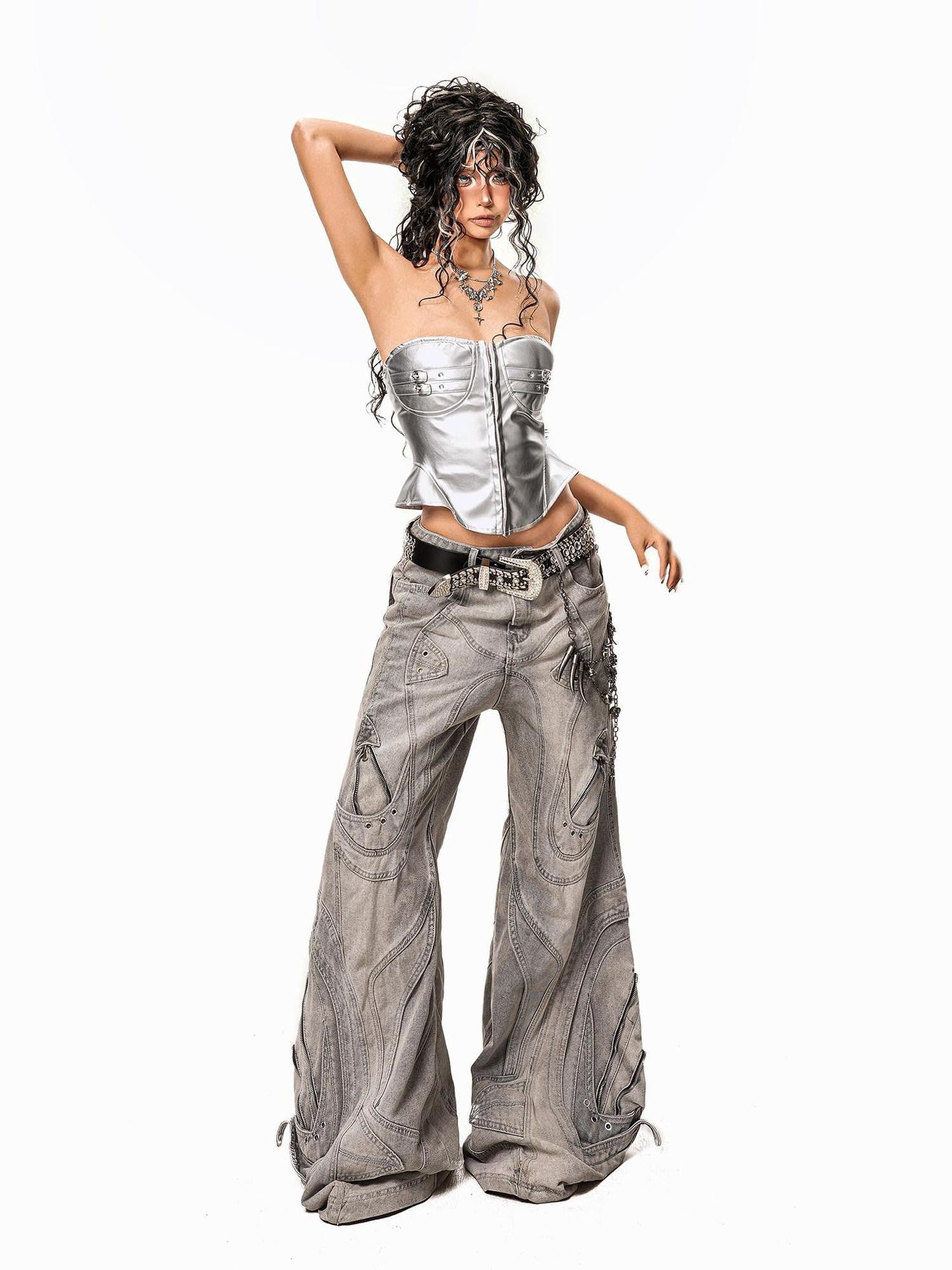 Arielink Silver Asymmetric Bustier Button Front Short Fitted Women's Leather Tank Tops