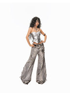 Arielink Silver Asymmetric Bustier Button Front Short Fitted Women's Leather Tank Tops