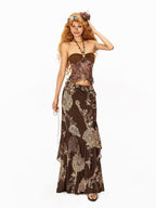 Arielink Strappy Beaded Halter Asymmetric Floral Print Women's Mesh Tank Tops