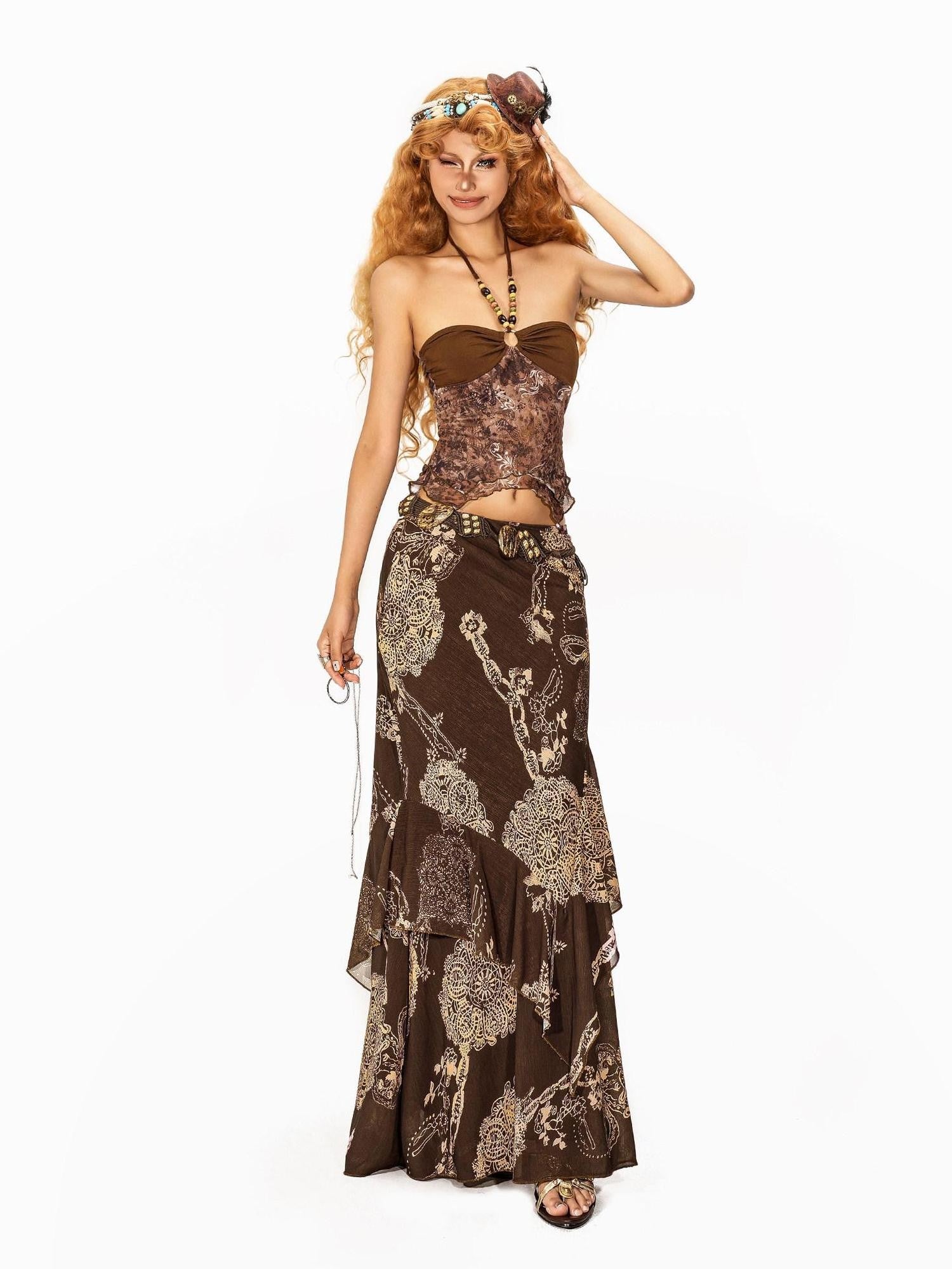 Arielink Strappy Beaded Halter Asymmetric Floral Print Women's Mesh Tank Tops