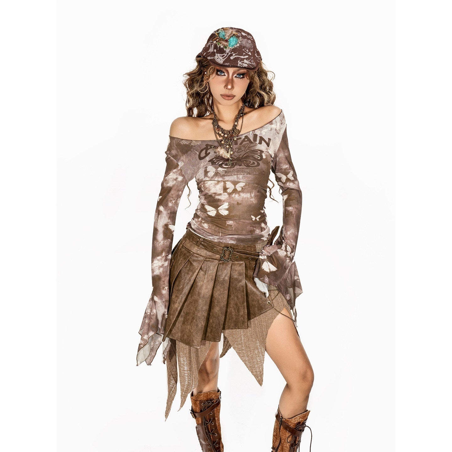 Arielink Tie Dye Butterfly Straight Neck Bell Sleeve Women's Long Sleeve T-shirts 966427010619