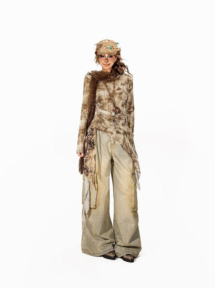 Arielink Tie Dye Gradient Asymmetrical Ruffle Ribbon Women's Mesh Long Sleeve T-shirts