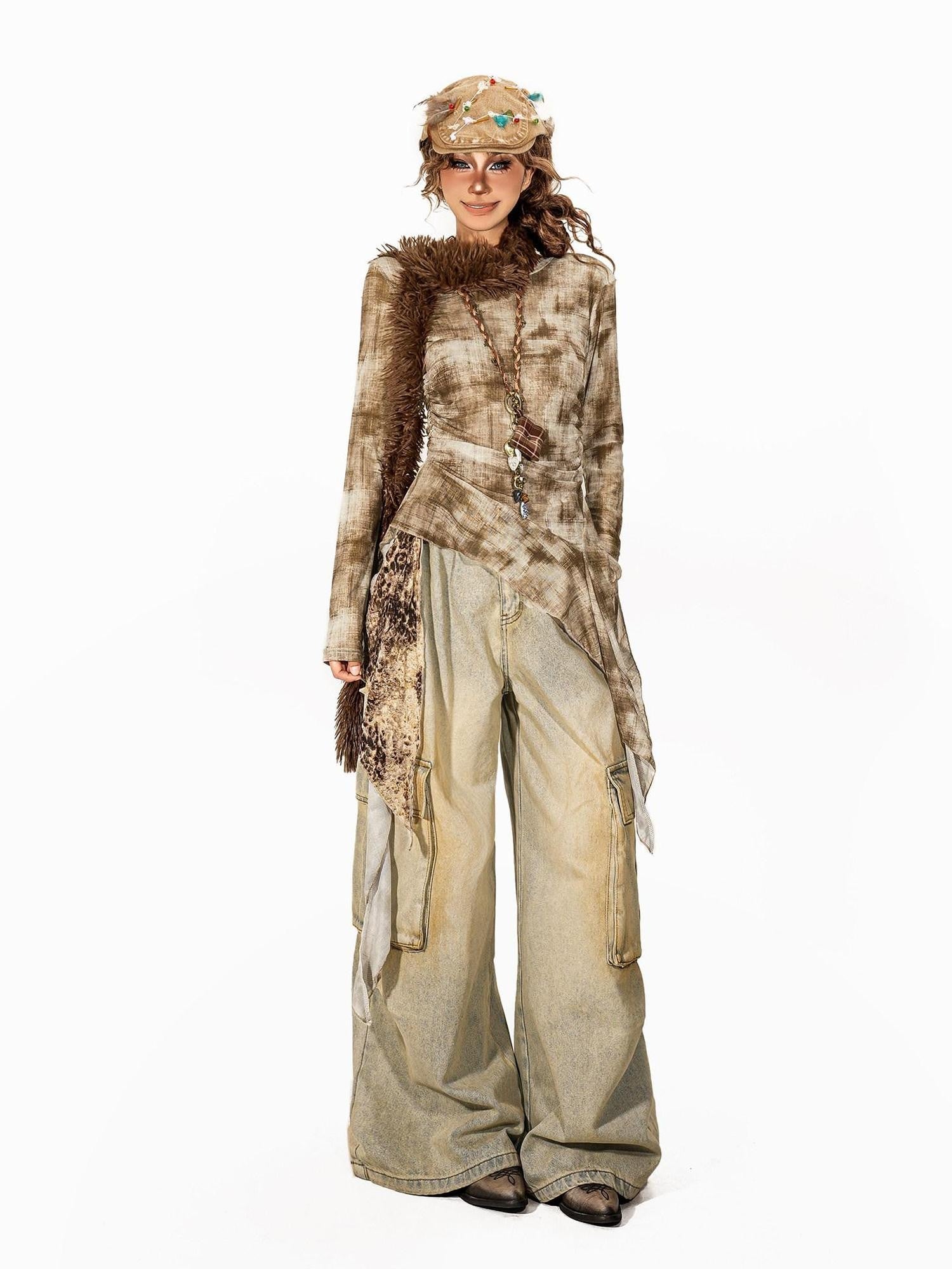 Arielink Tie Dye Gradient Asymmetrical Ruffle Ribbon Women's Mesh Long Sleeve T-shirts