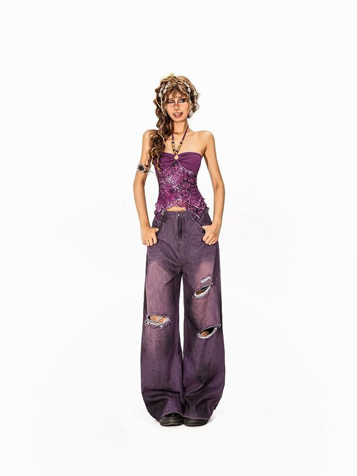 Arielink Vintage Asymmetric Halter Floral Backless Patchwork Women's Mesh Tank Tops
