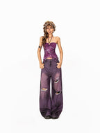 Arielink Vintage Asymmetric Halter Floral Backless Patchwork Women's Mesh Tank Tops