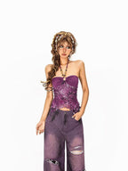 Arielink Vintage Asymmetric Halter Floral Backless Patchwork Women's Mesh Tank Tops