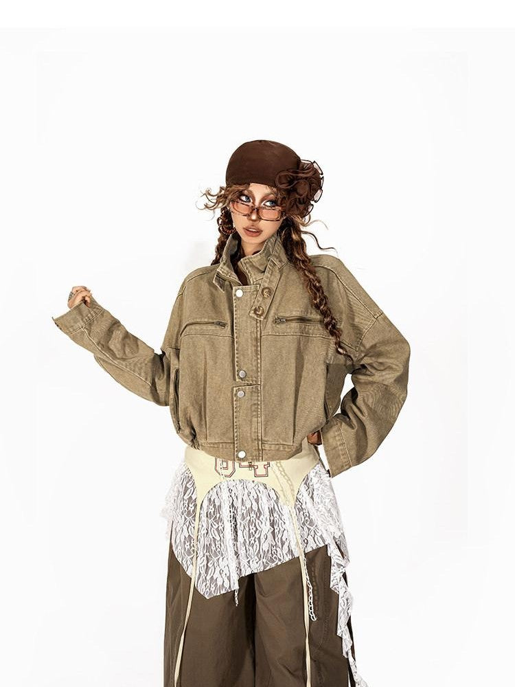 Arielink Vintage Biker Cropped Stand Collar Women's Denim Utility Jackets