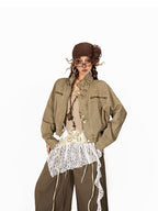 Arielink Vintage Biker Cropped Stand Collar Women's Denim Utility Jackets