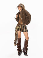 Arielink Vintage Biker Cropped Stand Collar Women's Denim Utility Jackets