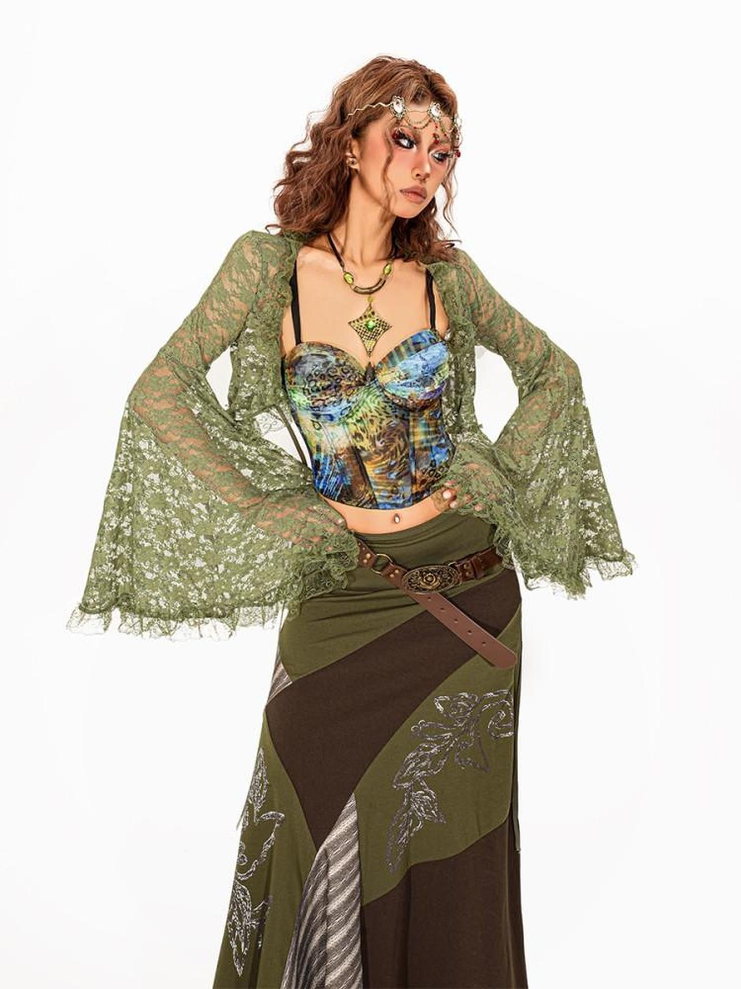 Arielink Vintage Boho Cutout Lace Bell Sleeve V-neck Cropped Women's Cardigans