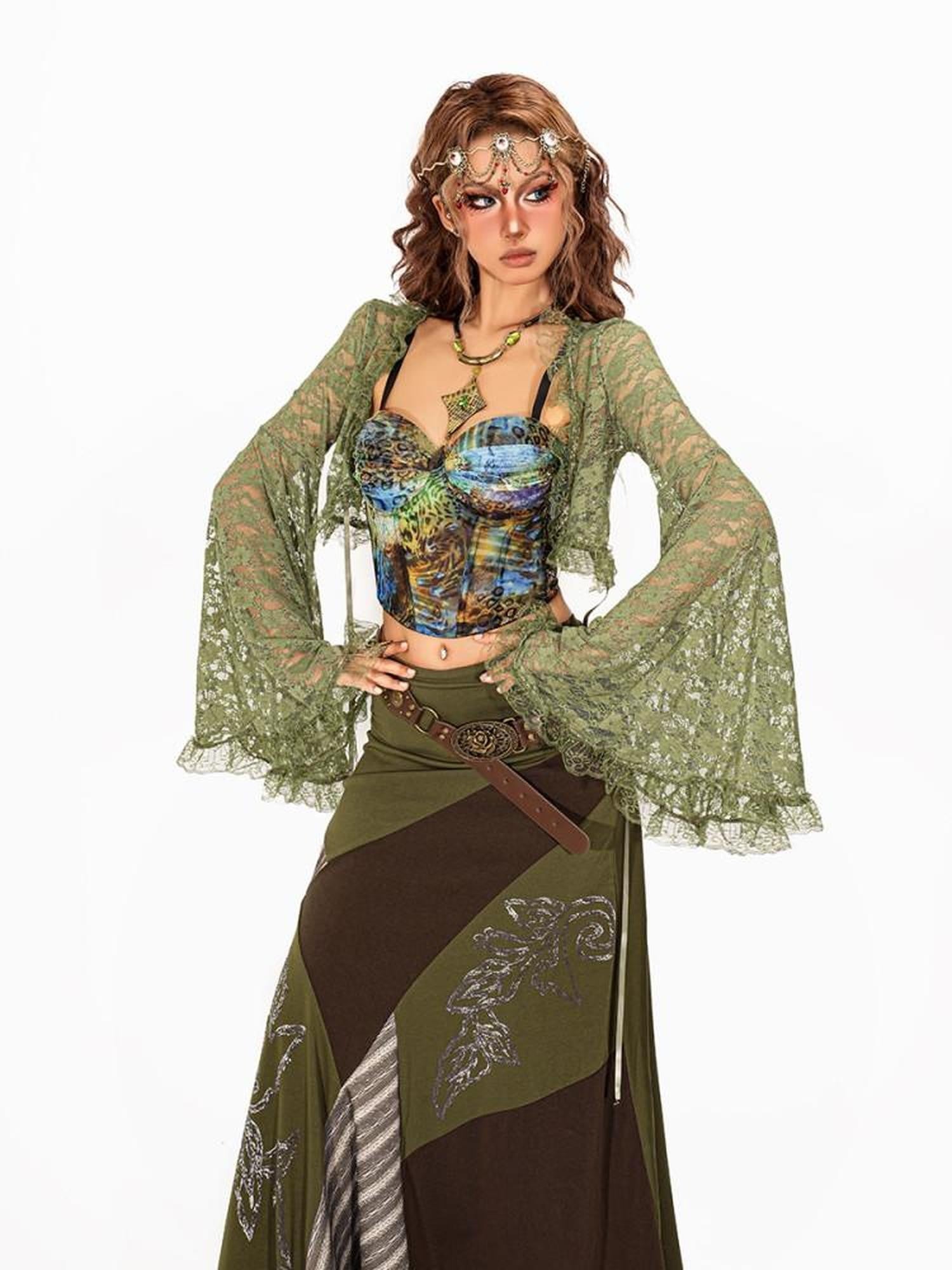 Arielink Vintage Boho Cutout Lace Bell Sleeve V-neck Cropped Women's Cardigans