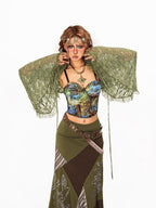 Arielink Vintage Boho Cutout Lace Bell Sleeve V-neck Cropped Women's Cardigans