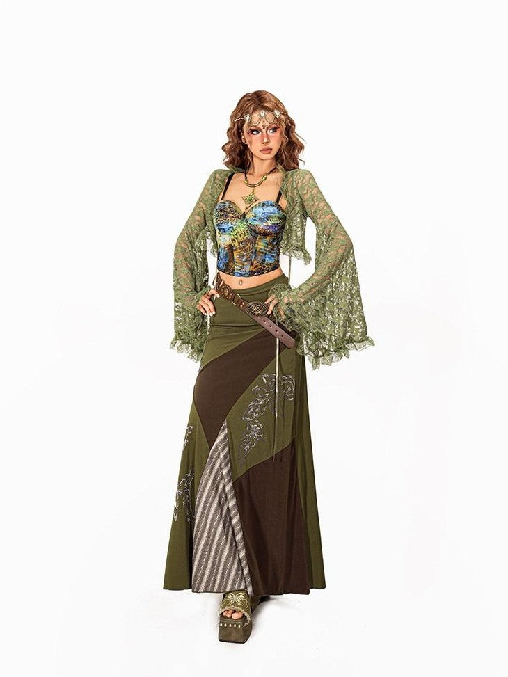 Arielink Vintage Boho Cutout Lace Bell Sleeve V-neck Cropped Women's Cardigans