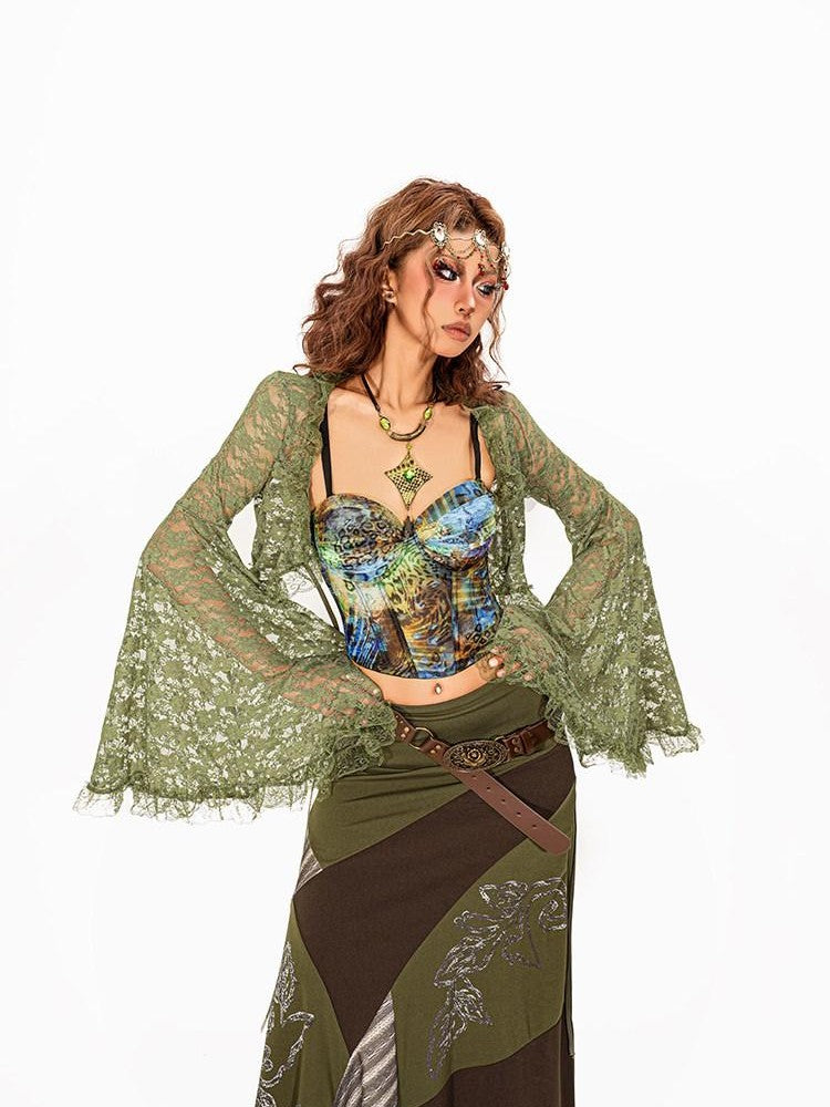 Arielink Vintage Boho Lace Cutout Bell Sleeve V-neck Cropped Women's Lace Cardigans