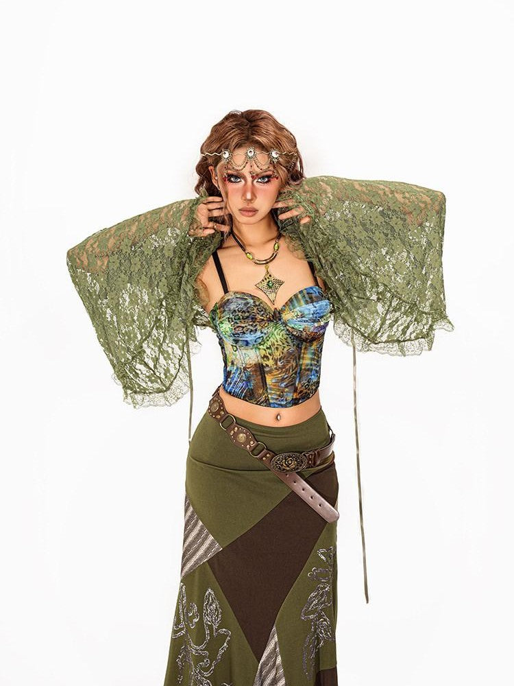 Arielink Vintage Boho Lace Cutout Bell Sleeve V-neck Cropped Women's Lace Cardigans