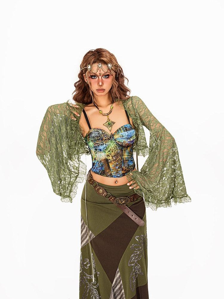 Arielink Vintage Boho Lace Cutout Bell Sleeve V-neck Cropped Women's Lace Cardigans
