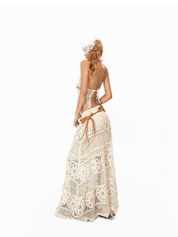 Arielink Vintage Crochet Cutout Irregular A Line Mid Waist Women's Maxi Skirts
