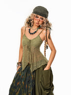 Arielink Vintage Crochet Openwork V-neck Irregular Hem Women's Lace Camisoles