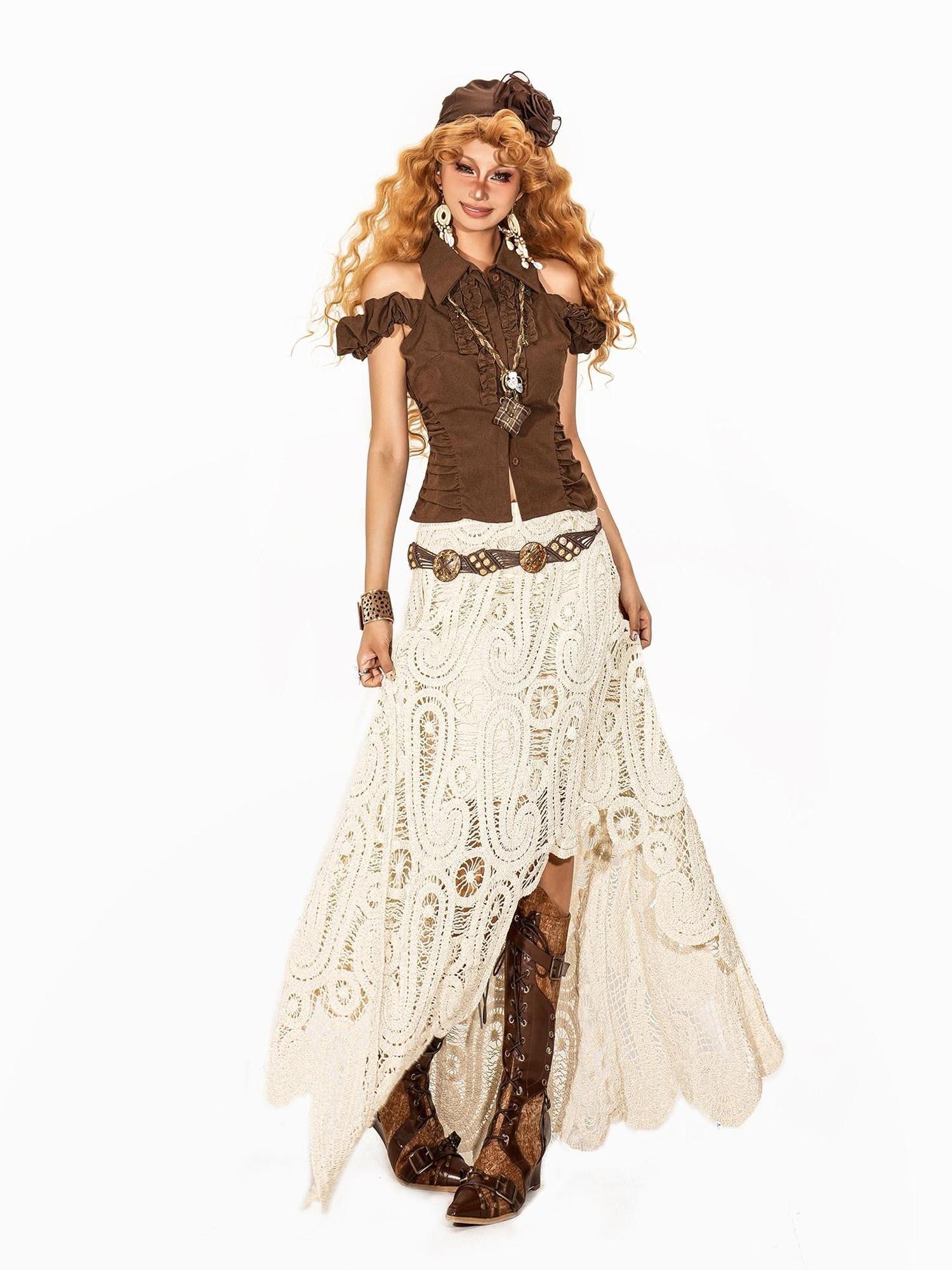 Arielink Vintage Cropped Distressed Ruffle Polo Open Back Women's Other Fabric Camisoles