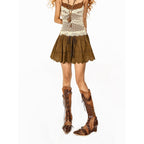 Arielink Vintage Cutout Drawstring Lace Up Low Waist Pleated Women's Mini Skirts 963772341809