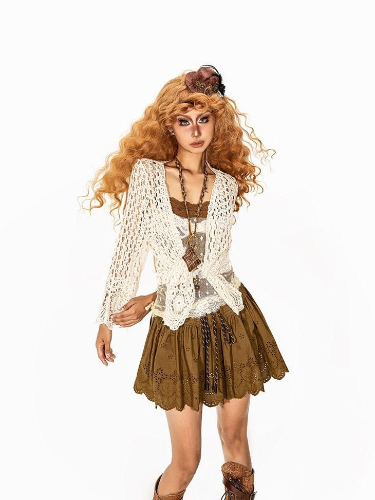 Arielink Vintage Cutout Drawstring Pleated Low Waist Women's Other Material Mini Skirts