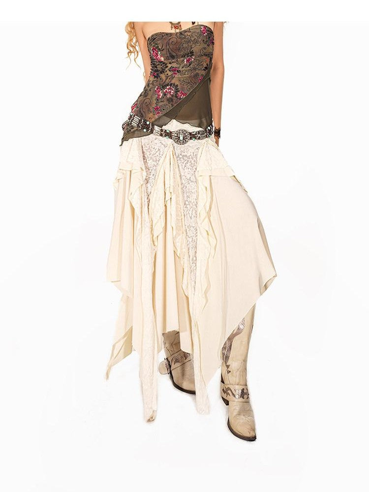 Arielink Vintage Distressed Asymmetric Ruffle Patchwork Tassel Women's Other Maxi Skirts