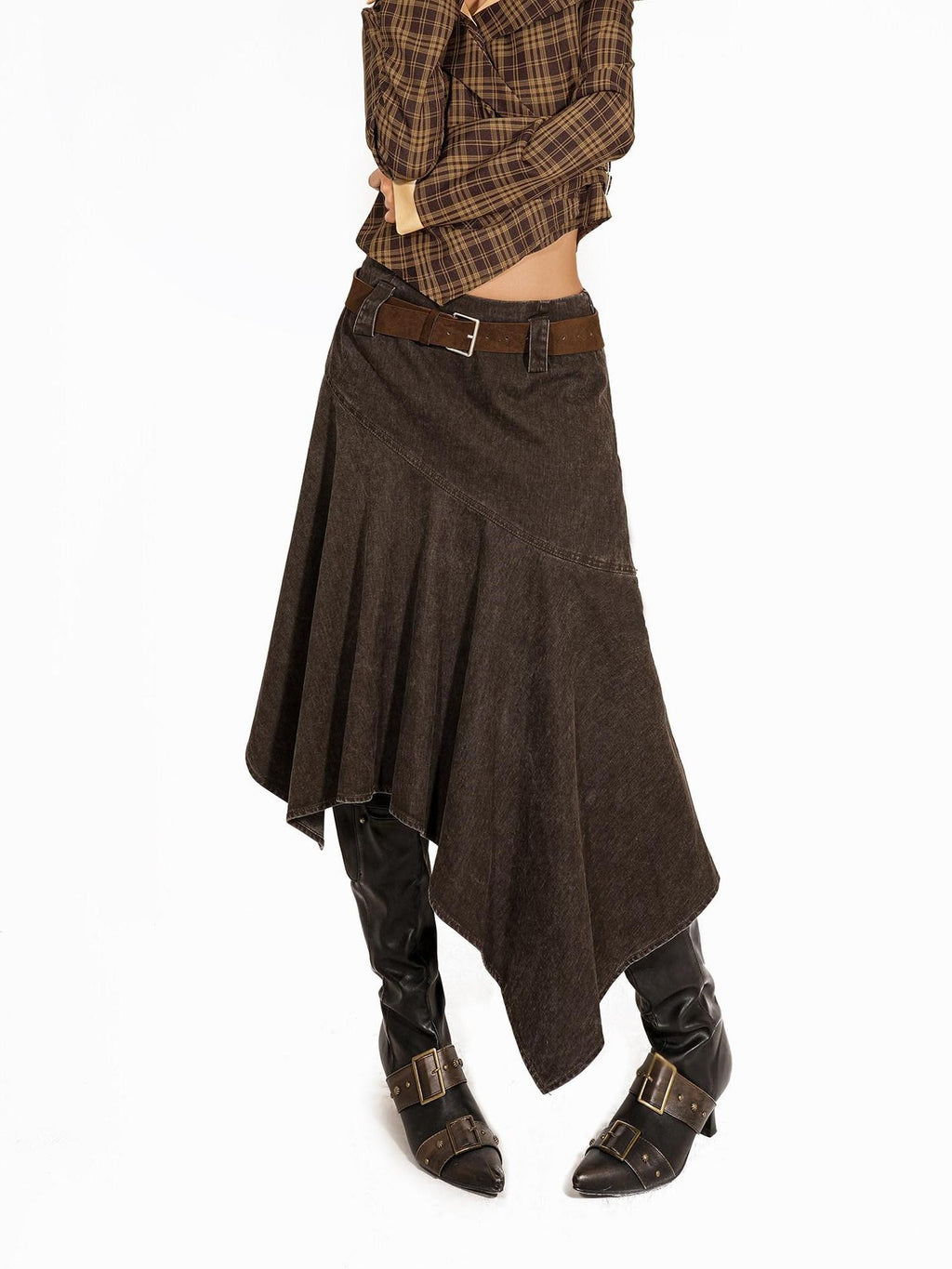 Arielink Vintage Distressed Asymmetrical A Line Women's Denim Midi Skirts