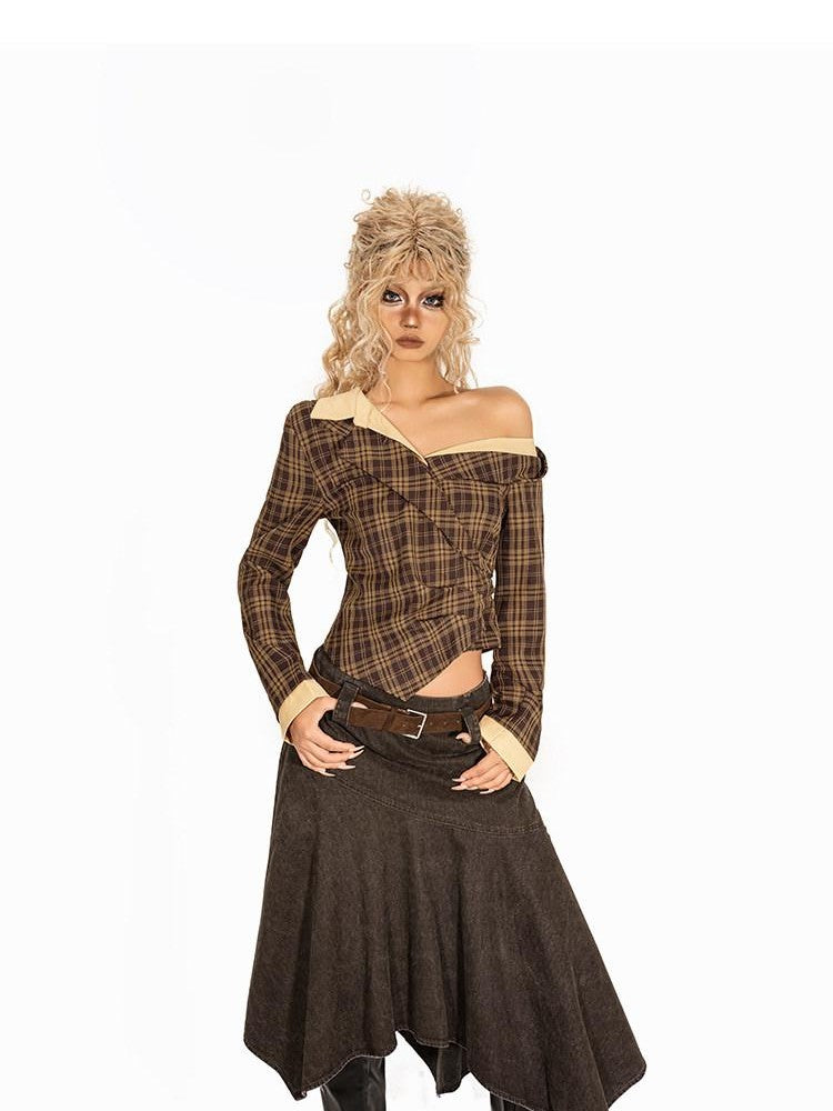 Arielink Vintage Distressed Asymmetrical A Line Women's Denim Midi Skirts