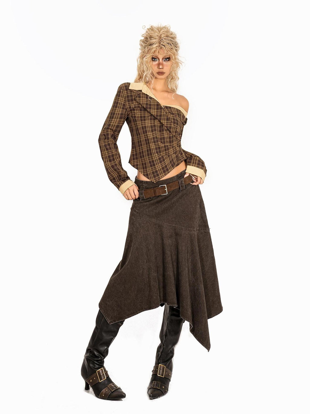 Arielink Vintage Distressed Asymmetrical A Line Women's Denim Midi Skirts