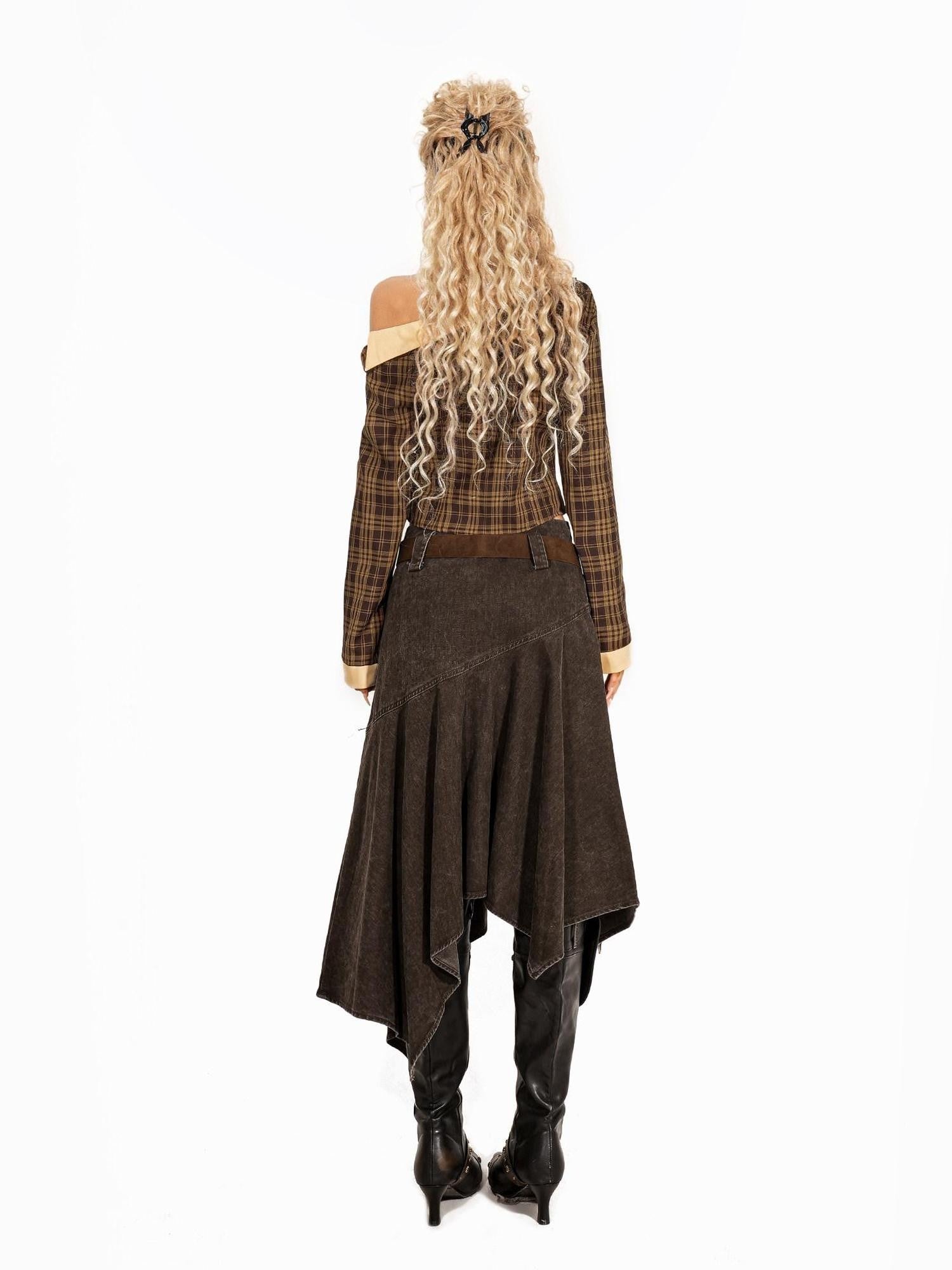 Arielink Vintage Distressed Asymmetrical A Line Women's Denim Midi Skirts
