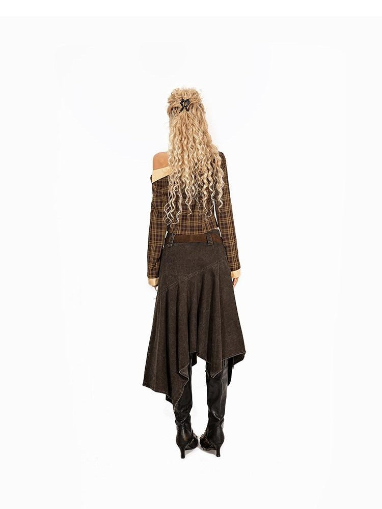 Arielink Vintage Distressed Asymmetrical A Line Women's Denim Midi Skirts