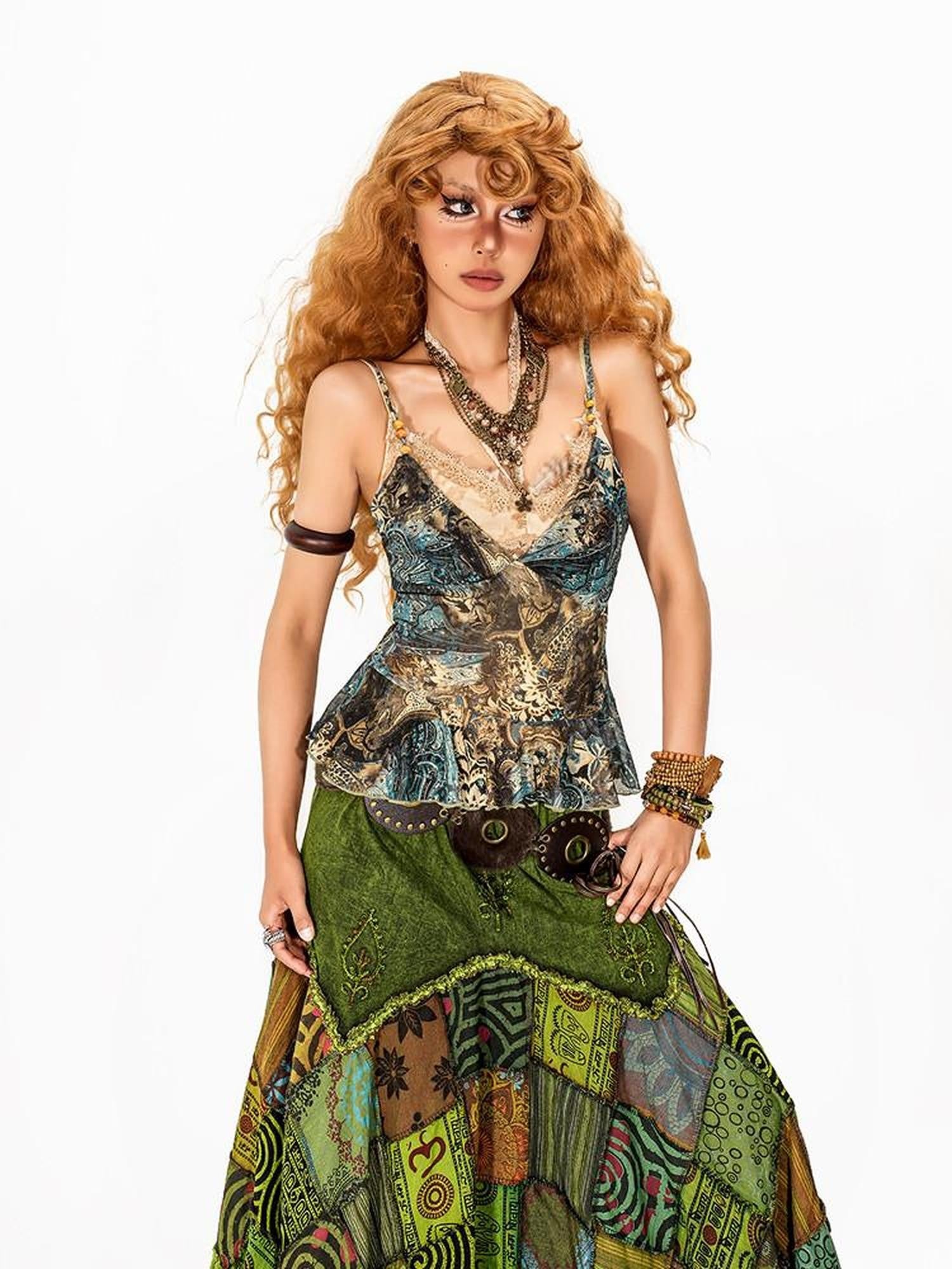 Arielink Vintage Distressed Green Floral Mesh Ruffle Open Back Women's Camisoles