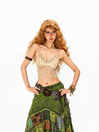 Arielink Vintage Distressed Green Floral Mesh Ruffle Open Back Women's Camisoles