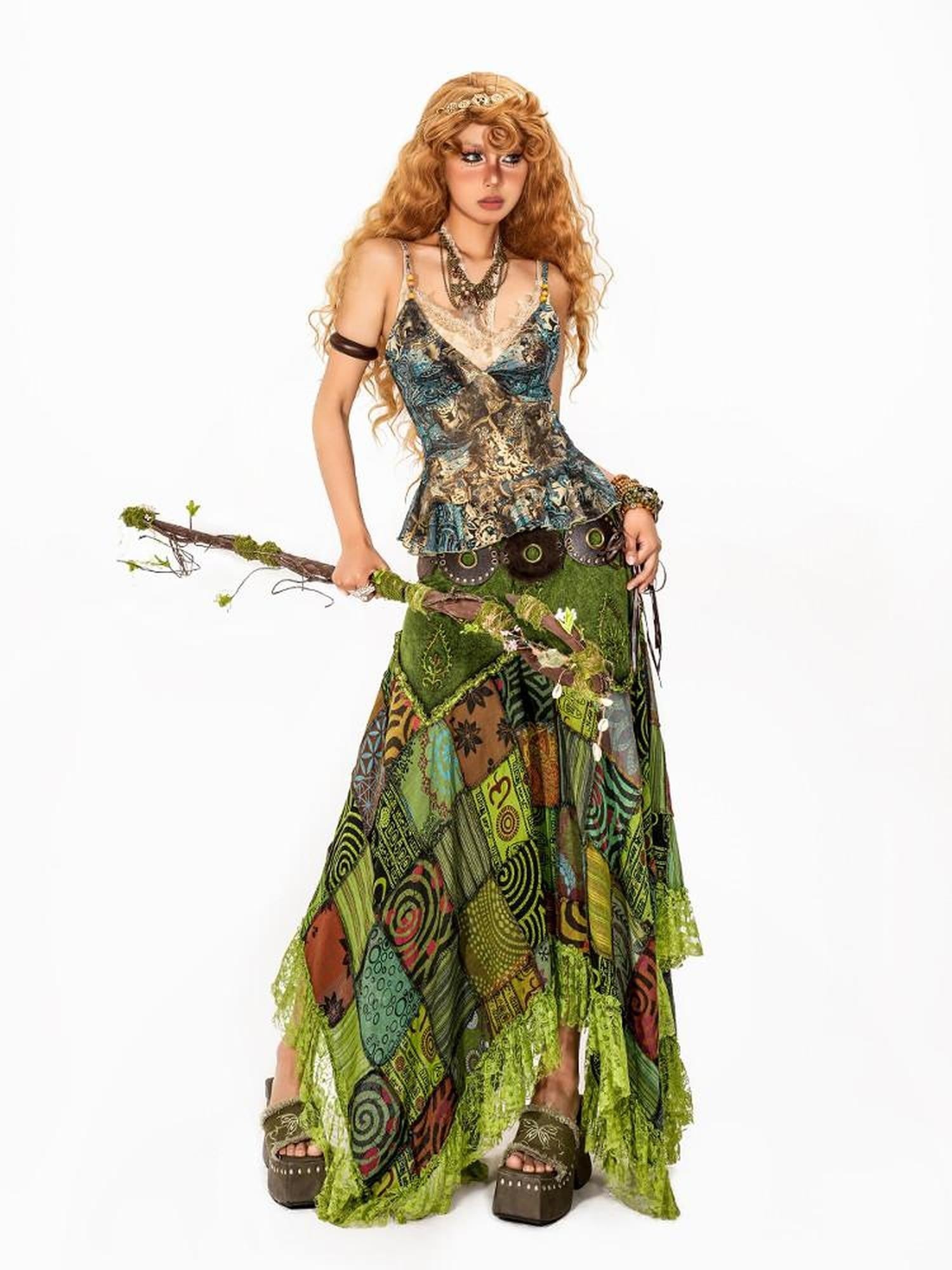 Arielink Vintage Distressed Green Floral Mesh Ruffle Open Back Women's Camisoles