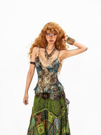 Arielink Vintage Distressed Green Floral Mesh Ruffle Open Back Women's Camisoles