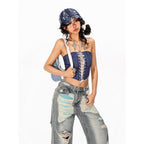 Arielink Vintage Distressed Lace Splice Tie Back Zipper Crop Slim Women's Tank Tops 919569902354