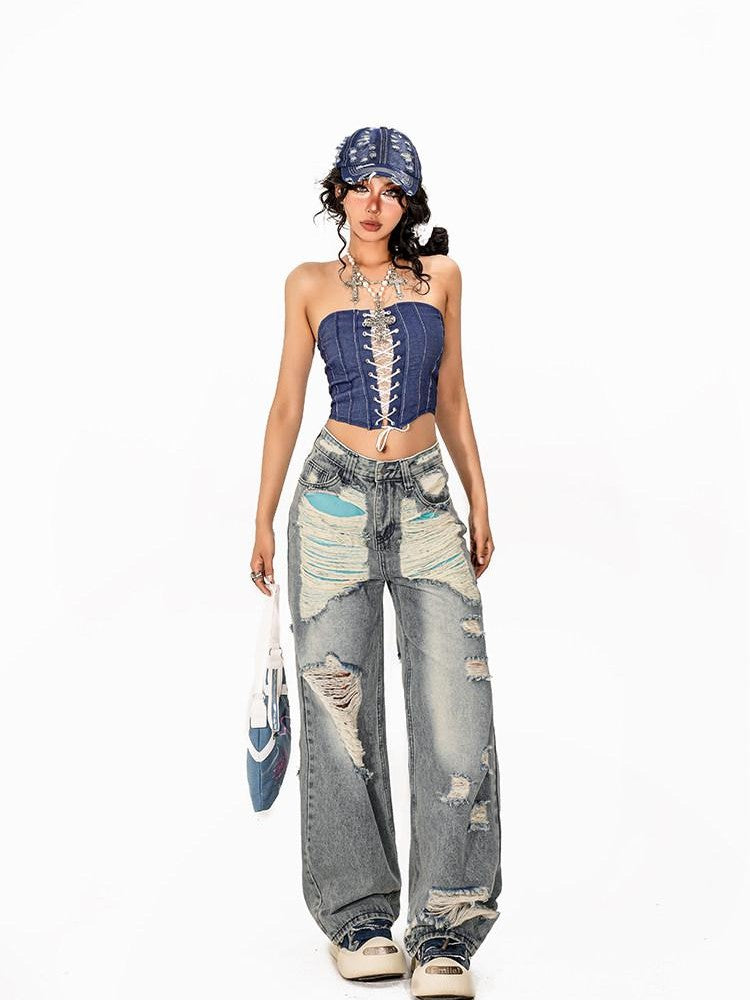 Arielink Vintage Distressed Lace Splice Tie Back Zipper Crop Slim Women's Tank Tops