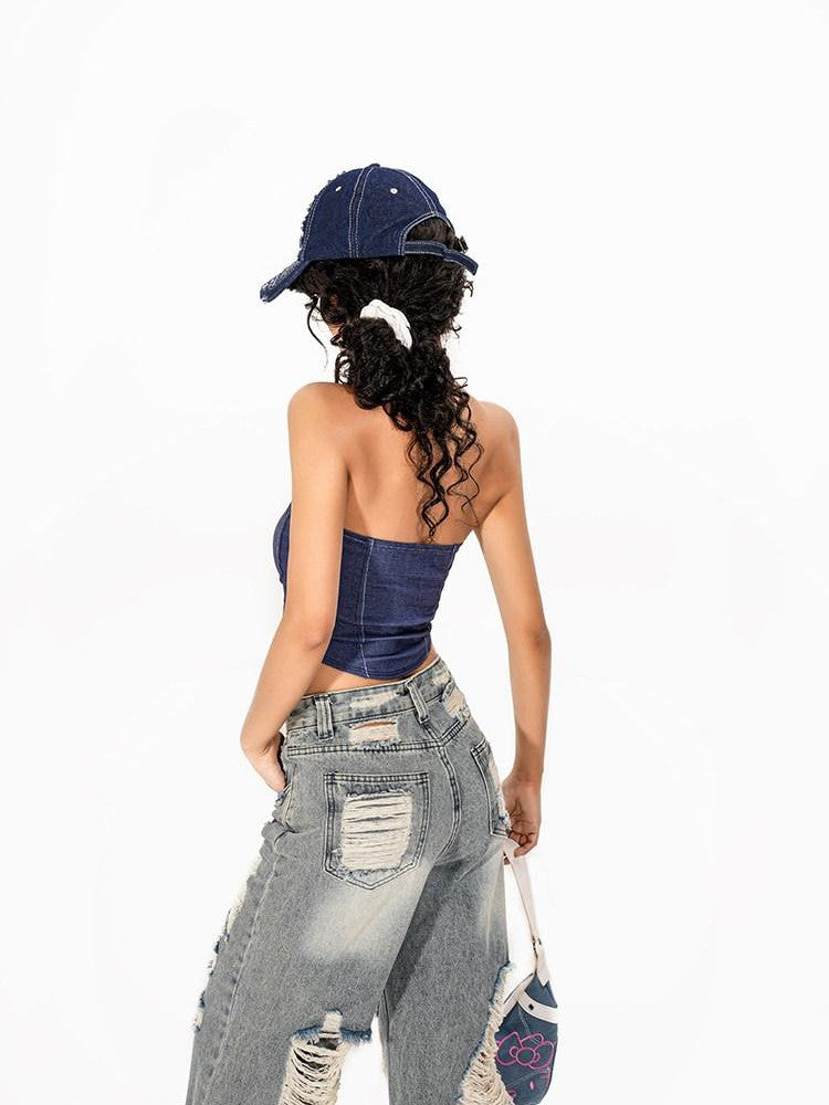 Arielink Vintage Distressed Lace Splice Tie Back Zipper Crop Slim Women's Tank Tops