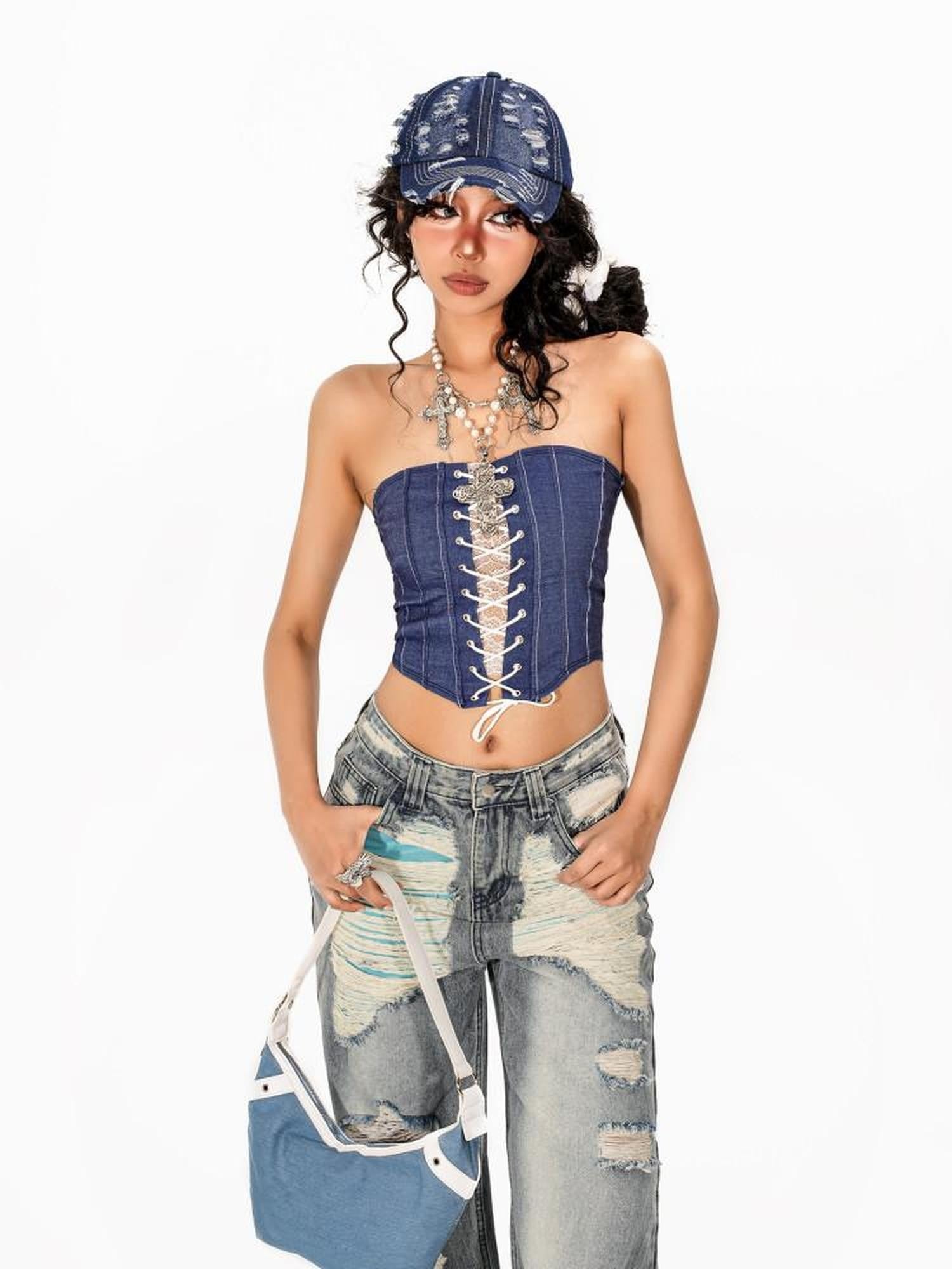 Arielink Vintage Distressed Lace Splice Tie Back Zipper Crop Slim Women's Tank Tops